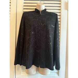 Vintage Alex Evenings washable black sequined mandarin jacket M long sleeve zip